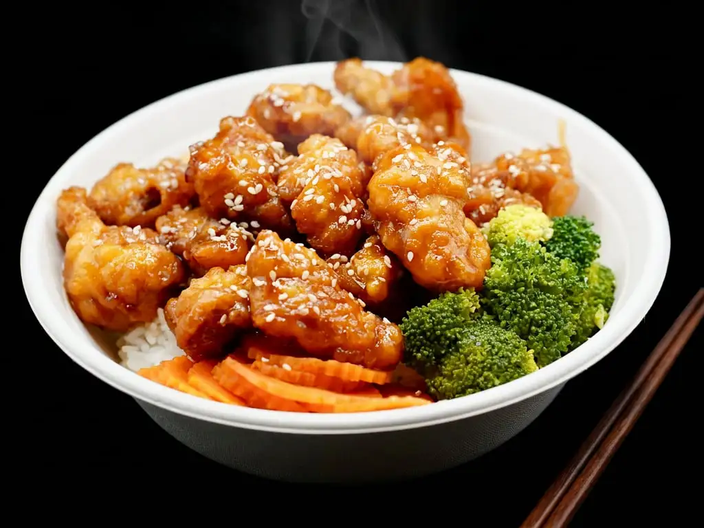Orange-glazed fried chicken scattered with sesame seeds over white rice in a white bowl, with broccoli and crinkle-cut carrots